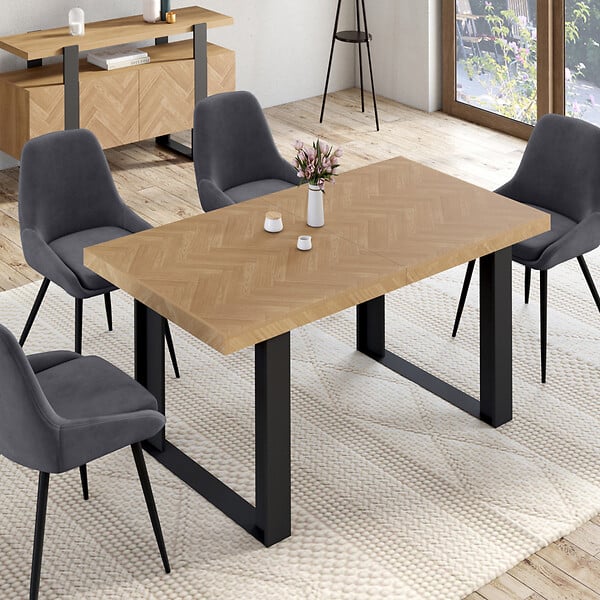 ID MARKET - Table à manger extensible rectangle CASSIUS 4-8 personnes effet chevrons et pieds noirs 160-200 cm - large