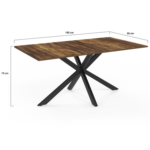 ID MARKET - Table à manger rectangle ALIX 8 personnes pied araignée noir et plateau bois foncé HAWKINS 160 cm - large
