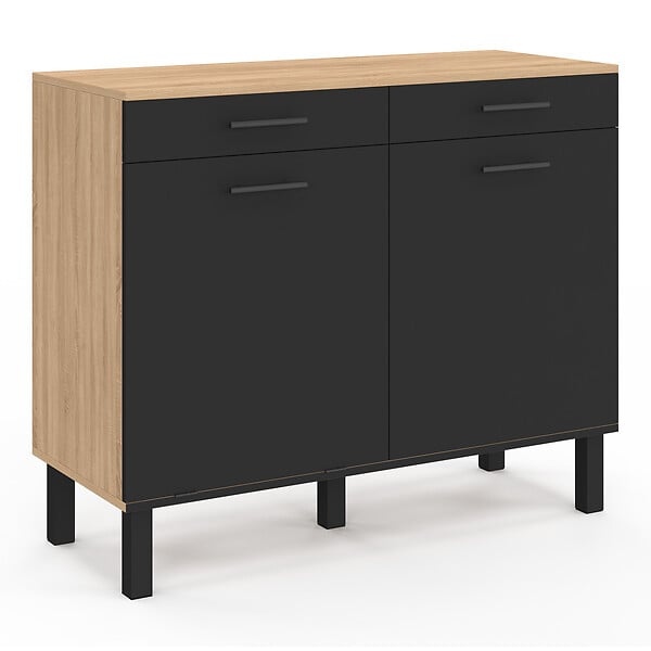 ID MARKET - Buffet bas de cuisine avec espace poubelle 100 cm CINA plan de travail H.83 cm 2 portes + tiroirs façon hêtre et noir - large