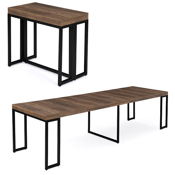 ID MARKET - Table console extensible TORONTO 10 personnes 235 cm bois foncé noyer design industriel - large
