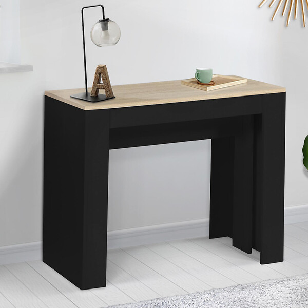 ID MARKET - Table console extensible ORLANDO 14 personnes 300 cm bois noir et façon hêtre - large