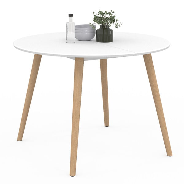 ID MARKET - Table à manger fixe ronde ANGELA 4-6 personnes blanc pieds bois 110 cm - large