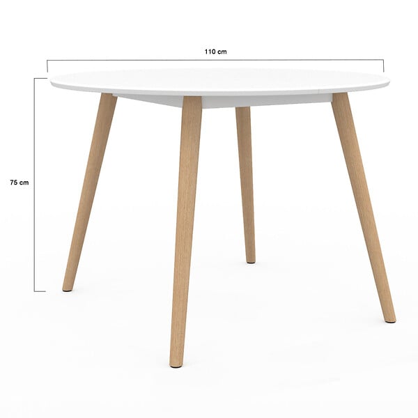 ID MARKET - Table à manger fixe ronde ANGELA 4-6 personnes blanc pieds bois 110 cm - large