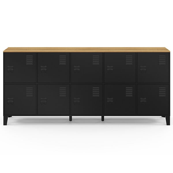 ID MARKET - Buffet casier 180 cm ESTER 10 portes en métal noir plateau bois design industriel - large