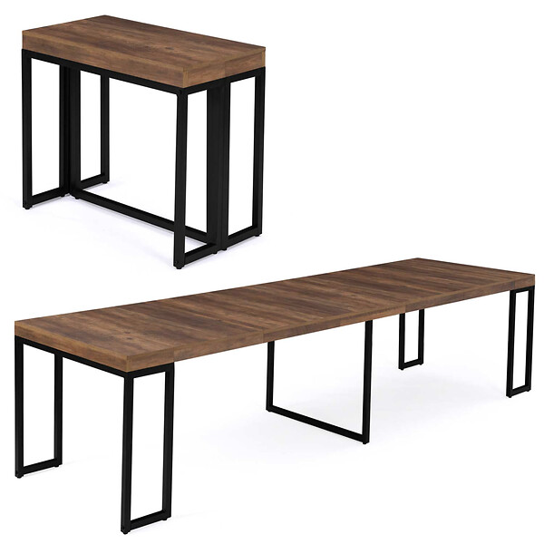 ID MARKET - Table console extensible TORONTO 14 personnes 300 cm  bois foncé noyer design industriel - large