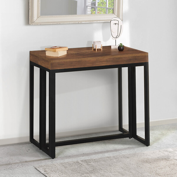 ID MARKET - Table console extensible TORONTO 14 personnes 300 cm  bois foncé noyer design industriel - large