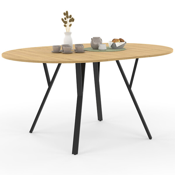 ID MARKET - Table à manger extensible ronde YSEULT 4-8 personnes bois et noir design industriel  110-150 cm - large