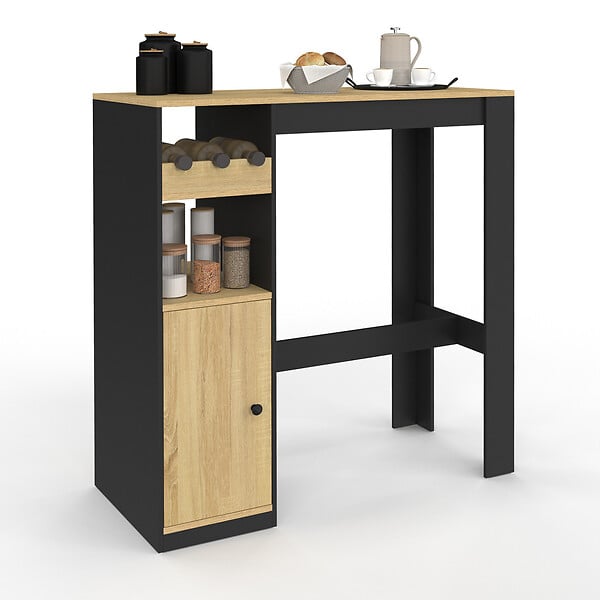 ID MARKET - Table de bar AMERI avec placard et range bouteilles 2 personnes bois et noir - large