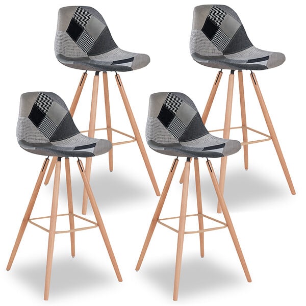 ID MARKET - Lot de 4 tabourets de bar SARA motifs patchworks noirs, gris et blancs - large