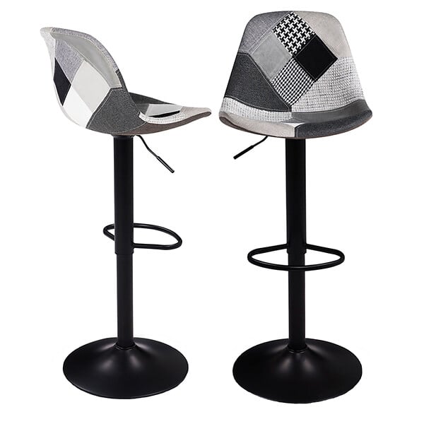 ID MARKET - Lot de 2 tabourets de bar KARL design patchworks noirs, gris et blancs pied noir - large