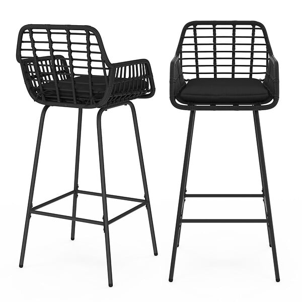 ID MARKET - Lot de 2 tabourets de bar SUMMER avec accoudoirs effet rotin noir pied métal noir - large