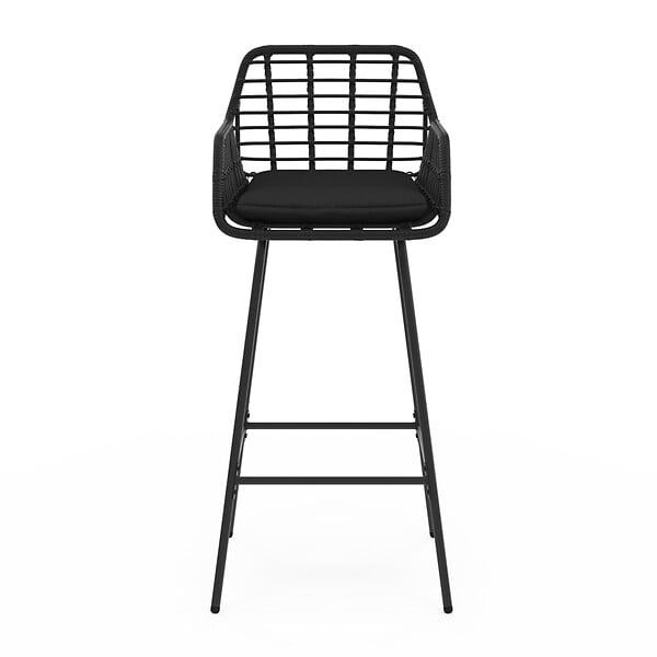 ID MARKET - Lot de 2 tabourets de bar SUMMER avec accoudoirs effet rotin noir pied métal noir - large
