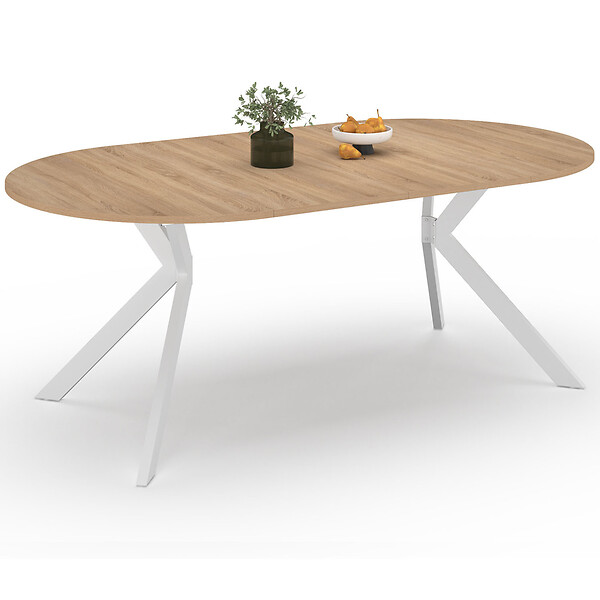 ID MARKET - Table à manger extensible ronde ALIX 4-10 personnes pied araignée bois et blanc 110-200 cm - large