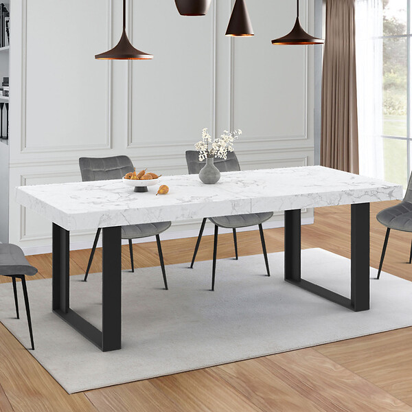 ID MARKET - Table à manger extensible PHOENIX rectangle 6-12 personnes plateau effet marbre blanc ALASKA 200-300 cm - large