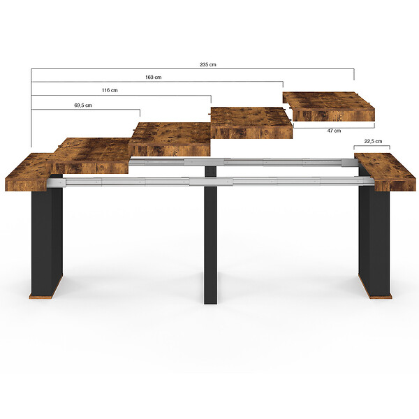 ID MARKET - Table console extensible EDEN 10 personnes 235 cm bois effet vieilli et noir - large
