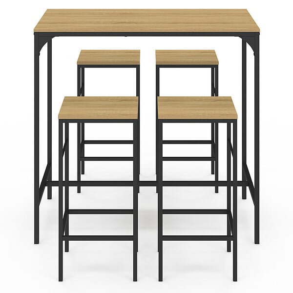 ID MARKET - Ensemble table haute de bar DETROIT 100 cm et 4 tabourets bois et métal noir design industriel - large