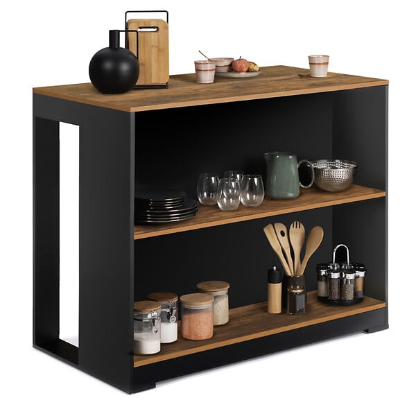 ID MARKET - Table de bar îlot JUNO bois noir et plateau foncé HAWKINS - large