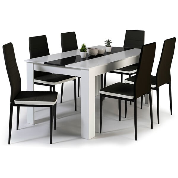 ID MARKET - Ensemble table à manger GEORGIA 140 cm blanche et noire et 6 chaises ROMANE noires liseré blanc - large