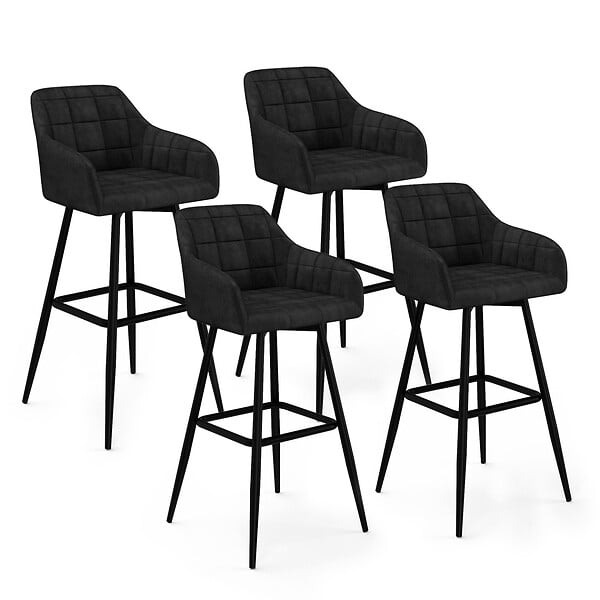 ID MARKET - Lot de 4 tabourets de bar MADY avec accoudoirs en velours noir - large
