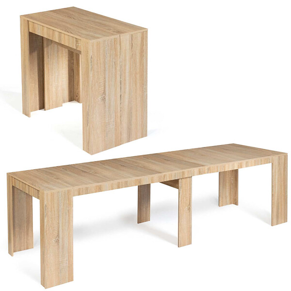 ID MARKET - Table console extensible ORLANDO 14 personnes 300 cm bois façon hêtre - large