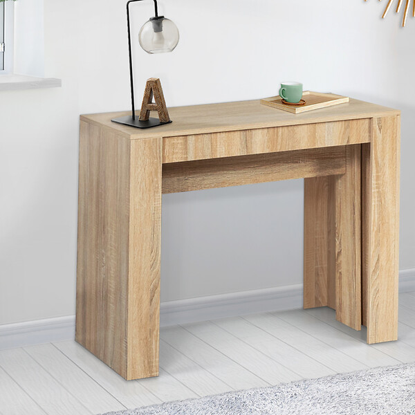 ID MARKET - Table console extensible ORLANDO 14 personnes 300 cm bois façon hêtre - large