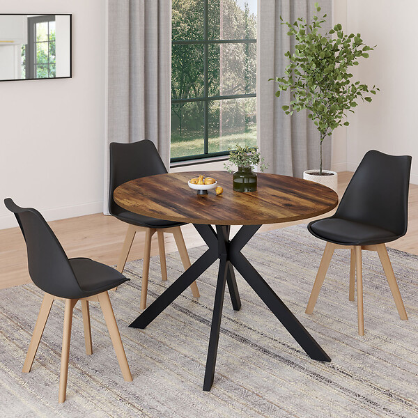ID MARKET - Table à manger extensible ronde ALIX 4-10 personnes pied araignée noir et plateau bois foncé HAWKINS 110-200 cm - large