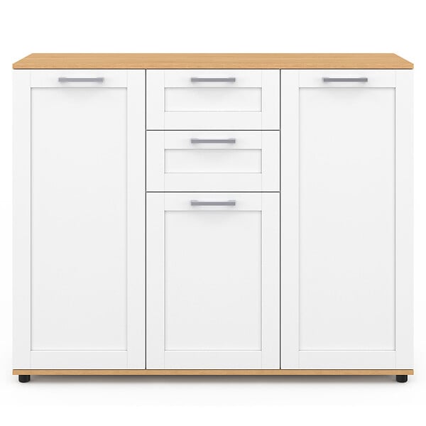 ID MARKET - Buffet 100 cm VITO 3 portes et 2 tiroirs blanc et plateau bois - large