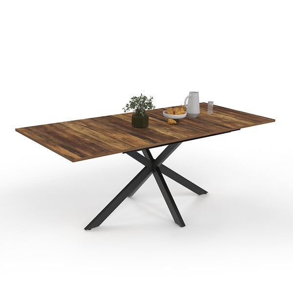 ID MARKET - Table à manger extensible rectangle ALIX 6-10 personnes pied araignée noir et plateau bois foncé HAWKINS 160-200 cm - large