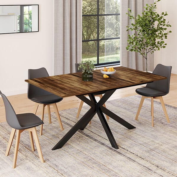 ID MARKET - Table à manger extensible rectangle ALIX 6-10 personnes pied araignée noir et plateau bois foncé HAWKINS 160-200 cm - large