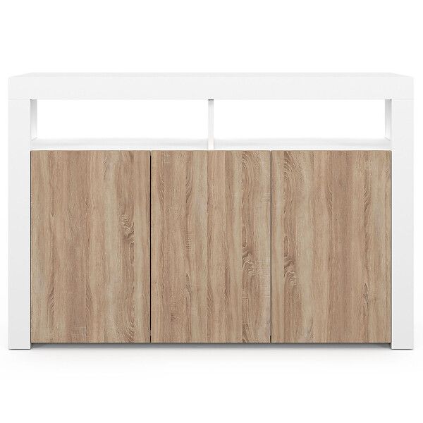 ID MARKET - Buffet 110 cm ELIGHT 3 portes avec LED et niches blanc et bois façon hêtre - large