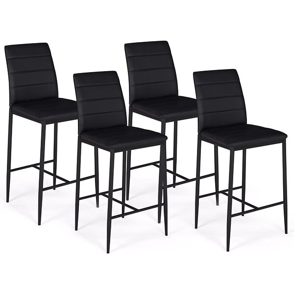 ID MARKET - Lot de 4 tabourets ROMANE en PVC noir design contemporain chaises de bar rembourrées - large