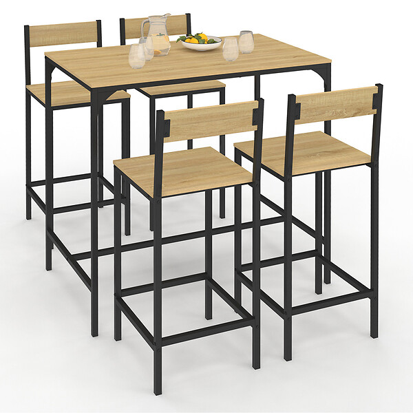 ID MARKET - Ensemble table haute de bar DETROIT 100 cm et 4 chaises de bar design industriel - large