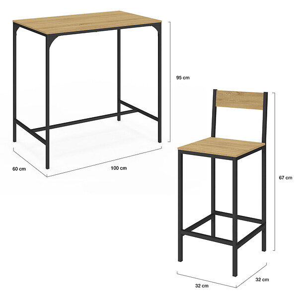 ID MARKET - Ensemble table haute de bar DETROIT 100 cm et 4 chaises de bar design industriel - large