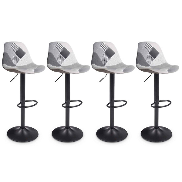 ID MARKET - Lot de 4 tabourets de bar KARL design patchworks noirs, gris et blancs pied noir - large