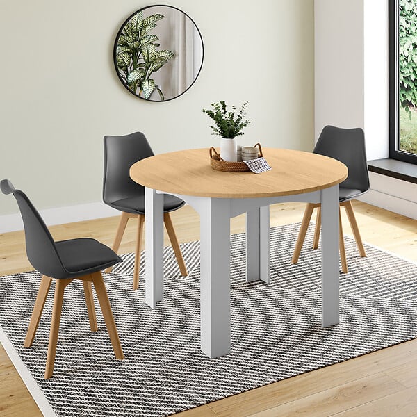 ID MARKET - Table à manger extensible ronde DONA 4-8 personnes blanche plateau façon hêtre 110-150 cm - large