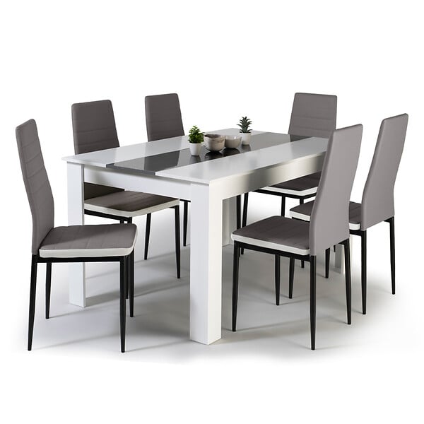 ID MARKET - Ensemble table à manger GEORGIA 140 cm blanche et grise et 6 chaises ROMANE grises liseré blanc - large