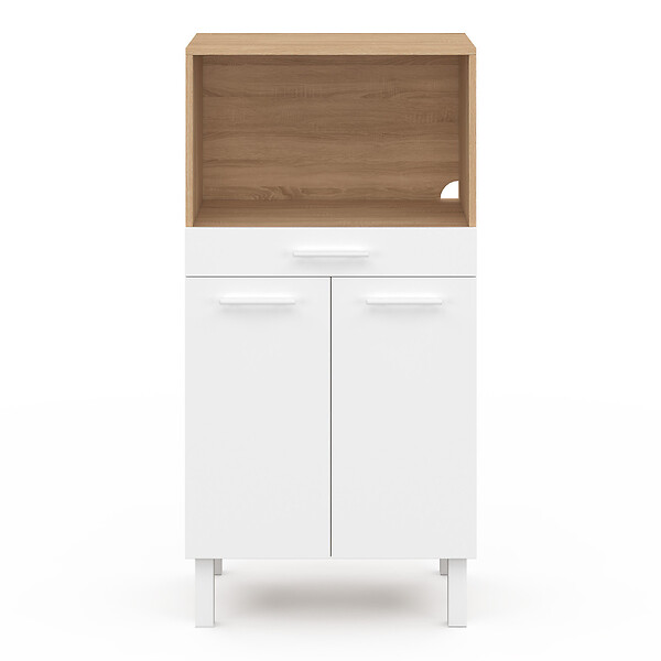 ID MARKET - Buffet mi-haut de cuisine  pour micro-onde 60 cm CINA 1 tiroir 2 portes façon hêtre et blanc - large