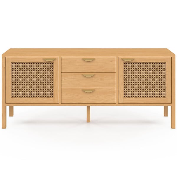 ID MARKET - Buffet bas 140 cm EDHEN 2 portes et 3 tiroirs bois et cannage - large