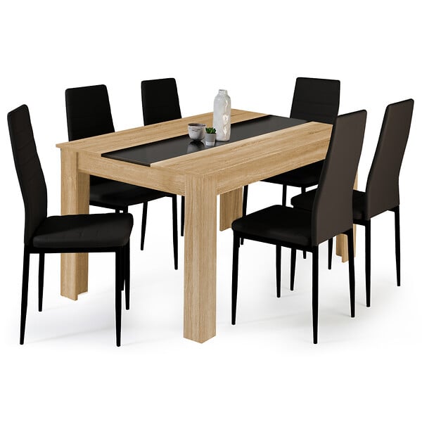 ID MARKET - Ensemble table à manger GEORGIA 140 cm imitation hêtre et noire et 6 chaises ROMANE noires - large