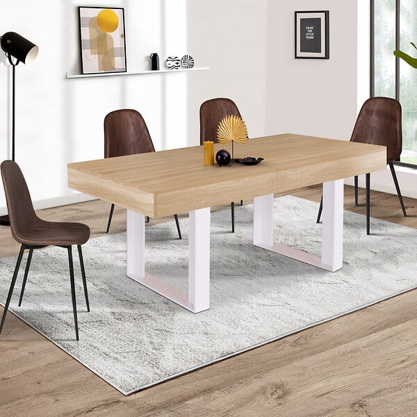 ID MARKET - Table à manger extensible rectangle PHOENIX 4-8 personnes bois et blanc 160-200 cm - large