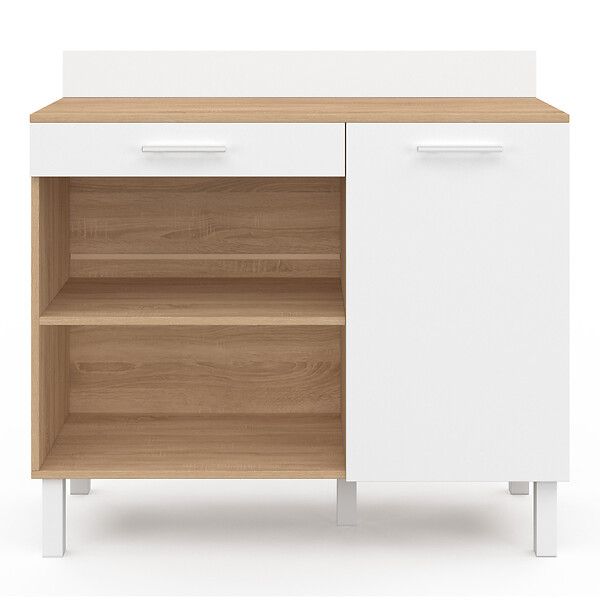 ID MARKET - Buffet bas de cuisine 100 cm CINA plan de travail H.83 cm 1 porte + 1 tiroir façon hêtre et blanc - large