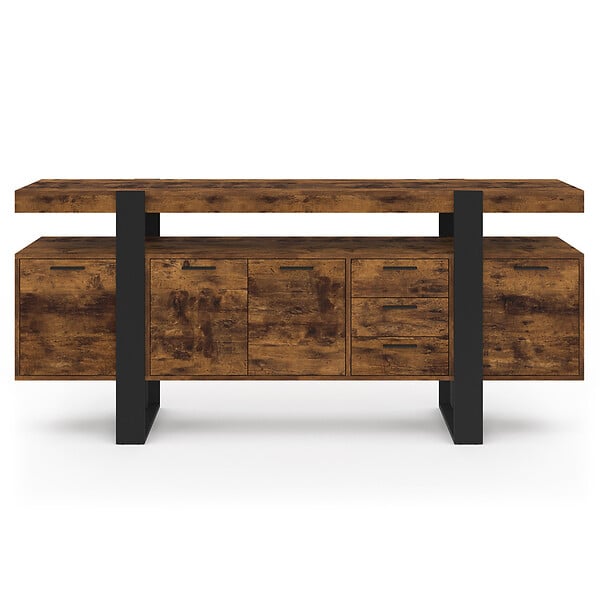 ID MARKET - Buffet 180 cm PHOENIX XXL 4 portes avec 3 tiroirs bois effet vieilli et noir - large