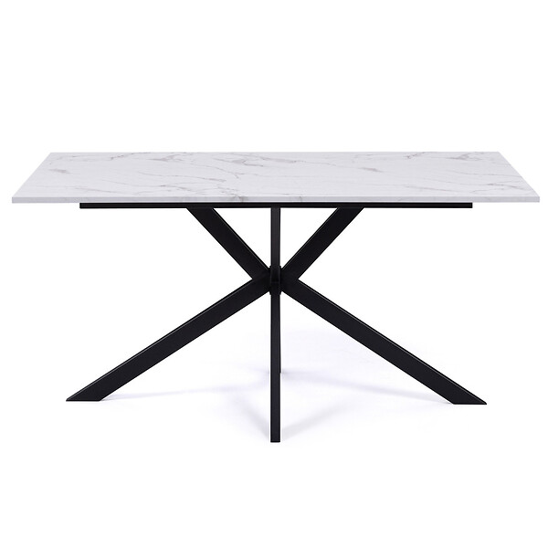 ID MARKET - Table à manger rectangle ALIX 8 personnes pied araignée noir et plateau effet marbre blanc ALASKA 160 cm - large