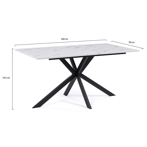 ID MARKET - Table à manger rectangle ALIX 8 personnes pied araignée noir et plateau effet marbre blanc ALASKA 160 cm - large