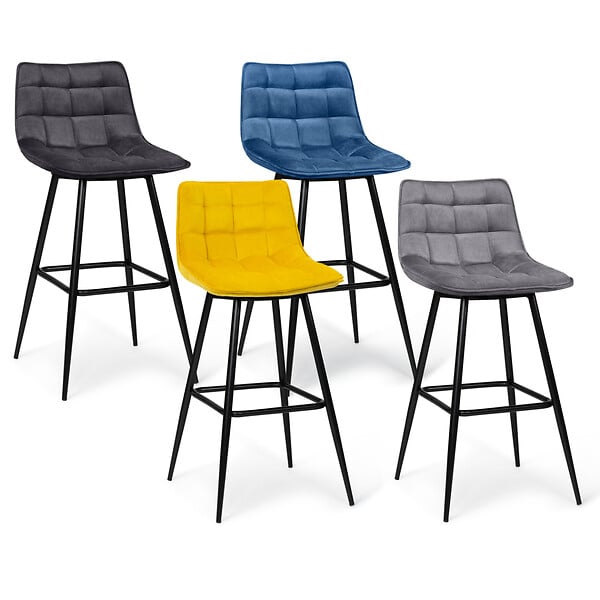 ID MARKET - Lot de 4 tabourets de bar MADY en velours mix color bleu, gris clair, gris foncé, jaune - large
