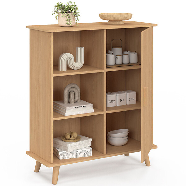 ID MARKET - Buffet d'appoint 3 étagères et placard 70 cm JULIETTE effet lattes tasseau bois - large