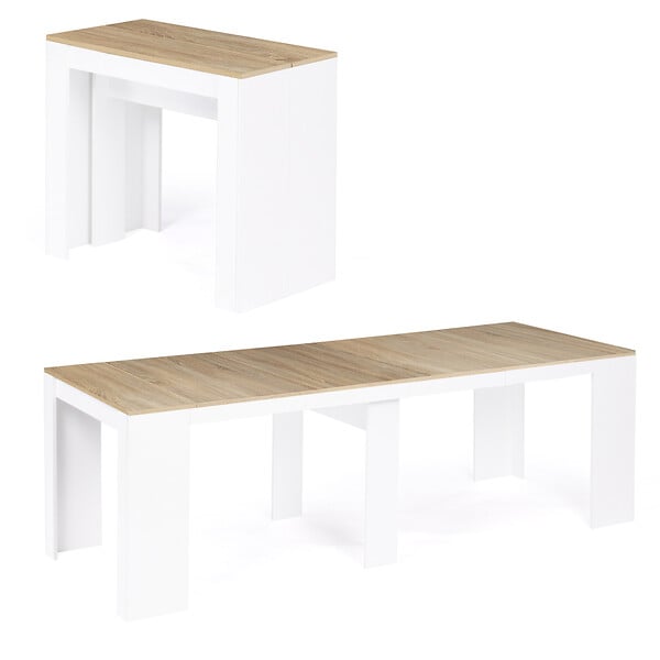 ID MARKET - Table console extensible ORLANDO 10 personnes 235 cm bois blanc et façon hêtre - large