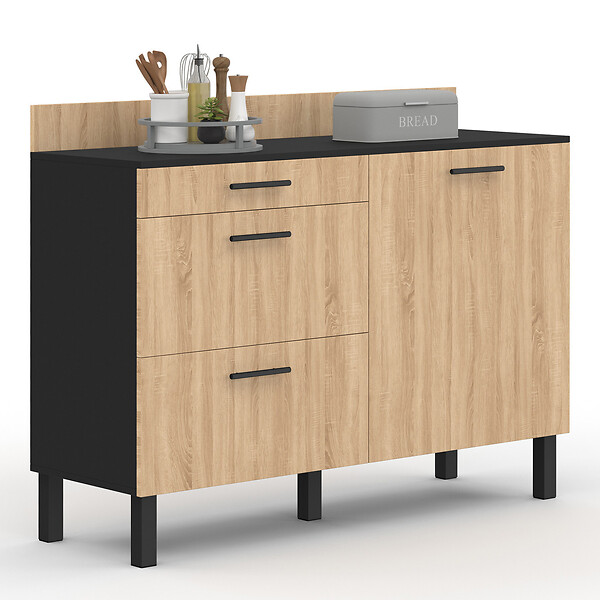 ID MARKET - Buffet bas casserolier de cuisine 120 cm CINA plan de travail H.83 cm 1 porte + 3 tiroirs noir et façon hêtre - large