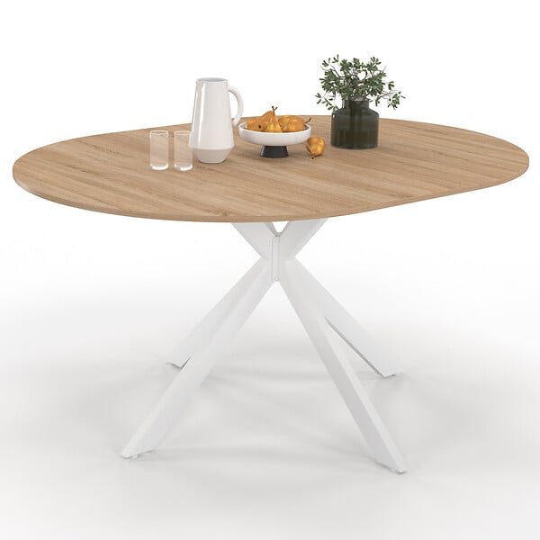 ID MARKET - Table à manger extensible ronde ALIX 4-8 personnes pied araignée bois et blanc 110-150 cm - large