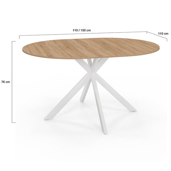 ID MARKET - Table à manger extensible ronde ALIX 4-8 personnes pied araignée bois et blanc 110-150 cm - large